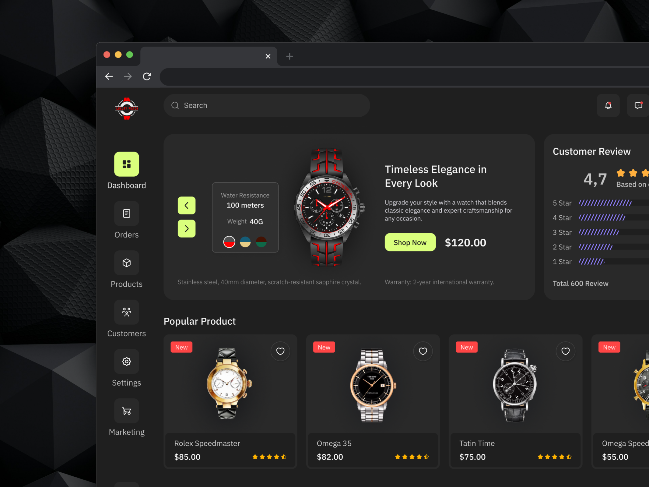 E-commerce Dashboard Design. dashboard e commrce luxury watch watch watch dashboard webapp design