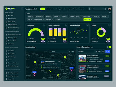 NueTrax Dashboard charts dark dashboard data design event interface mindinventory nuetrax product product design statistics ui ux venue venue management web website