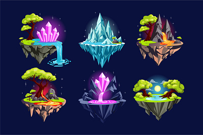 Gaming Fantasy Islands adventure animation arcade asset cartoon fantasy flat game gaming graphic design gui illustration interface islands land landscape level platform stone vector