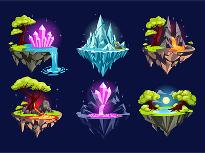 Gaming Fantasy Islands adventure animation arcade asset cartoon fantasy flat game gaming graphic design gui illustration interface islands land landscape level platform stone vector