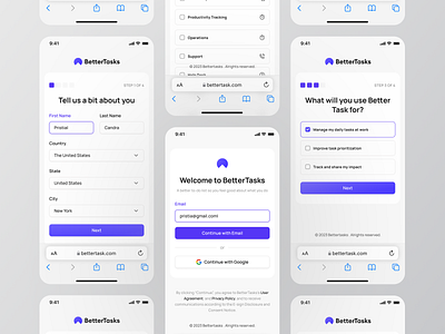 Bettertask Task Management cansaas clean dashboard design interface login mobile mobile app mobile design on boarding productivity register saas sign in task task management to do to do list ui ux