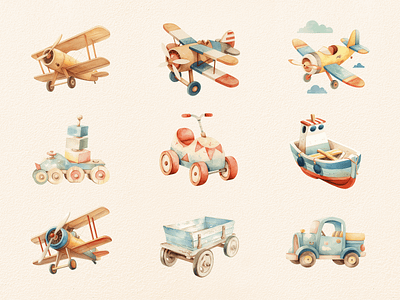 Kid Wooden Toys Vintage Watercolor Clipart car clipart clipart bundle clipart set cute design digital art illustration kid nursery plane ship vintage watercolor wooden toys