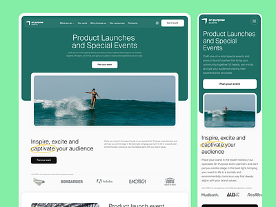 Onpurpose® Events. Special Event Page bright cta design events green hero image hero section landing page minimalism mobile modern partners product design sea site ui ux web website yellow