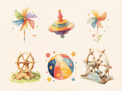 Kid Toys Watercolor Clipart ball clipart clipart bundle clipart set cute design digital art illustration kid nursery toys watercolor windmills