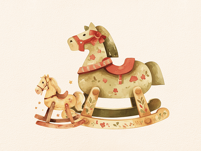 Wooden Horse Kid Toys Watercolor Clipart clipart clipart bundle clipart set cute design digital art horse illustration kid nursery vintage watercolor wooden horse wooden toys