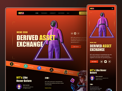 Nusa Meme Coin NFT Website Design 3d aitechnology assetexchange bitcoin blockchain characterdesign creativedesign darkmode designconcept designidea designinspiration homepagedesign landingpage marketplacedesign memecoin nft nftplatform nusa uiuxdesign webdesign