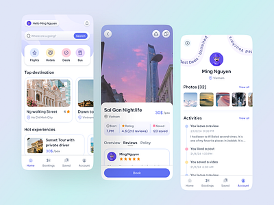 Travel booking mobile app 3d app booking clean design idea design trend graphic design llustration minimal mobile mobileapp profile purple travel ui app uidesign user ux app uxdesign vibrant