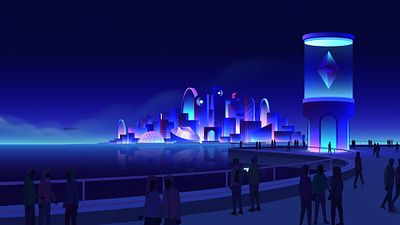 City view blockchain crypto defi futuristic gradient illustration metaverse neon web3