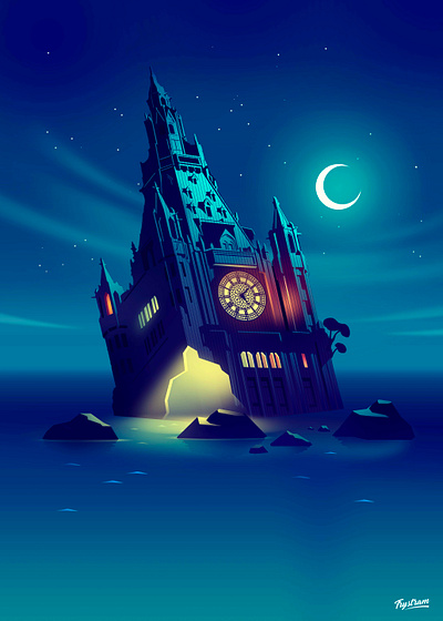 Big ben adventure bigben discover discovery illustration light moon neon ocean poster print travel