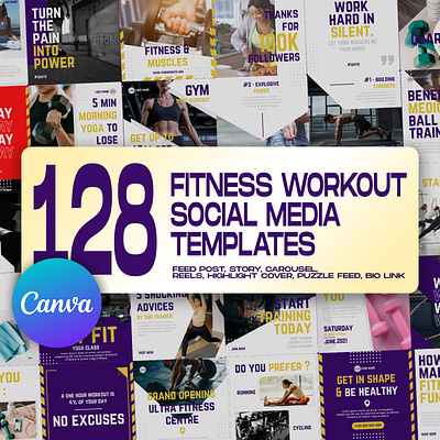 128 Fitness Workout Social Media Templates fitness graphic design gym instagram feed instagram post instagram post template instagram stories template instagram template social media banner social media kit social media pack social media templates workout