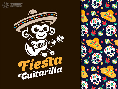 Funny monkey logo branding carnival fiesta fun party holiday logo mexican holiday mexican music monkey monkey in sombrero monkey logo monkey with guitar music pizza party