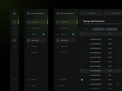 Group Optimizer App / Sidebar app big data dark dashboard data dropdown flow graphic design interface minimal optimize product saas sidebar software steps ui user experience user interface ux