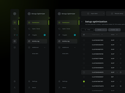 Group Optimizer App / Sidebar app big data dark dashboard data dropdown flow graphic design interface minimal optimize product saas sidebar software steps ui user experience user interface ux