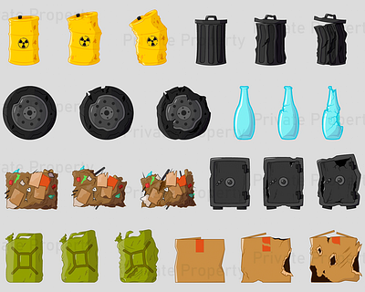 Assets for game about trash. Vector cartoon illustrations. assets doodle dust game garbage icon illustration sprites trash vector