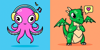 Cute cartoon characters. Octopus and dragon. bright cartoon character colorful cute design doodle dragon flat icon illustration logo ocopus vector