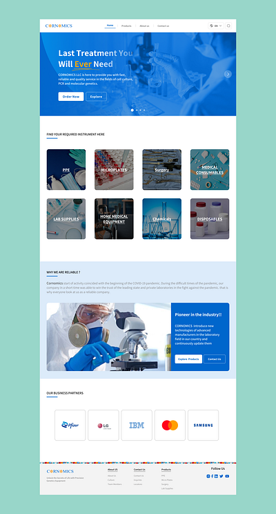 CORNOMICS Landing page bar blue branding design e commerce equipment experience header laboratory landing medical order project shopping tools turkey ui ux website white