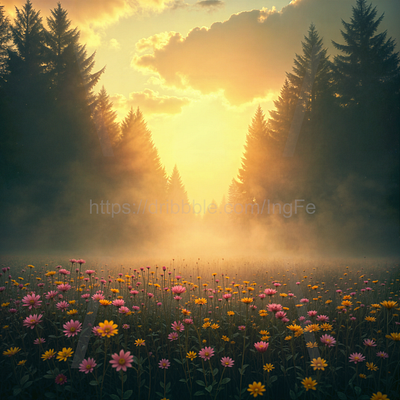 A vibrant scene of a sunrise in a forest, a warm glow art artwork colorful forest illustration landscape sunrise sunset synthographic