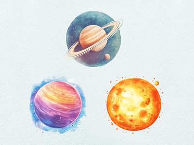 Saturn, Sun, and Random Planet Watercolor Clipart clipart clipart bundle clipart set cute design digital art illustration kid planet saturn space sun watercolor