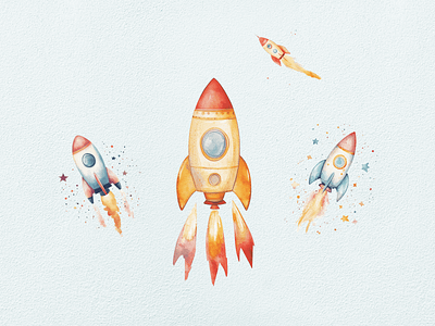 Kid Rocket Space Watercolor Clipart clipart clipart bundle clipart set cute design digital art illustration kid nursery rocket space spacecraft watercolor