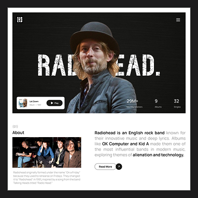 Radiohead - A Digital Journey Through Music & Legacy app band clean design graphic design guitar illustration landing page music radiohead song thomyorke typography ui user interface ux webdesign website