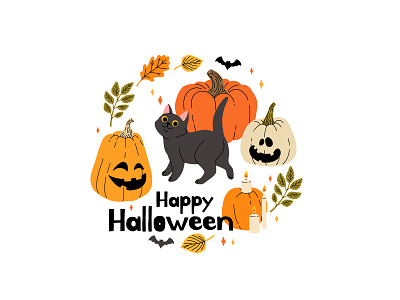 Happy Halloween postcard cartoon cat character concept cute design flat halloween illustration postcard poster spooky vector