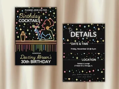 Neon Adult Cocktail Birthday Party Invitation, Retro Glam african american retro african american vintage afro retro afro retro invite afro vintage birthday cocktails invite black woman birthday invite cocktail party invite neon glam retro glam
