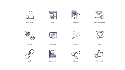 Social Media 2D Icons Animation 2d add user animated icons animation blog comment direct message emoji flat hashtag icons illustration internet like link motion new post share social media thumb up