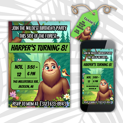 Bigfoot Birthday Party Invitation Sasquatch Party Evite american folklore bigfoot invitation cryptids birthday invitation cute bigfoot cute sasquatch cute yeti graphic design kids birthday invite kids forest invite sasquatch birthday sasquatch invitation yeti birthday invitation