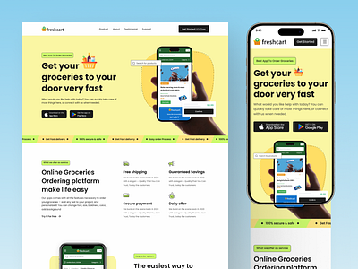 Freshcart - Online Grocery Web Landing app design branding clean design flat grocery grocery order grocery web illustration landing responsive ui ux ux design web