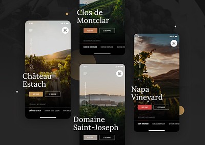 Wine Estates App app black bottle brand brand experience france grand cru great vintage immersive interface landscape luxury mobile napa valley photos vinery wine wine estate