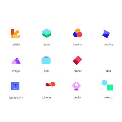 Designer 2D Icons Animation 2d animation balance designer designer tools eraser flat icons idea illustration image layers motion palette pipette pouring print sketch typography vector