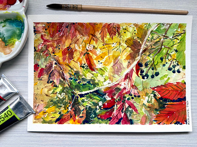 Welcome Autumn🍁 abstract painting art autumn contemplation cozy fall gouache green hues illustration leaf leaves natasha gonzalez nature october orange poetic red season traditional artist