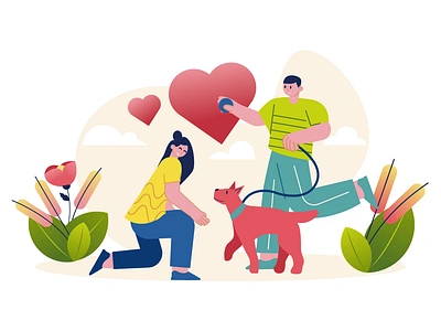 Couple With The Pet 2D Animation 2d animation couple couple with pet dog family flat illustration lovers man motion nature pet pet care pet owners relationship romantic walk walking the dog woman