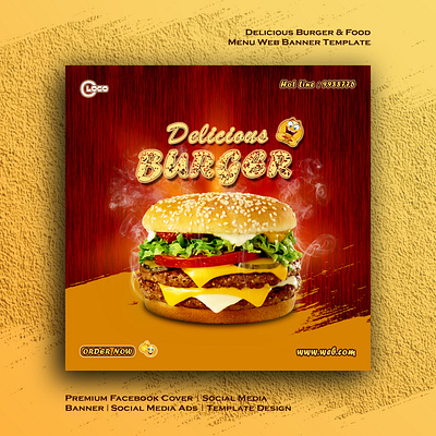 Delicious Burger Food Menu Social Media Post Template Design ad design banner design branding burger design business card design business post design cover design facebook post design flyer design food menu design freelance designer graphic design illustrator logo photoshop product design promotional post design sales post design social media post design vector