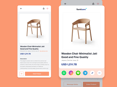 Sharing Product | Day 6/7 UI Challenges app app design card dialog e commerce ecommerce marketplace minimalism mobile mobile app design mobile design modal orange peach product design share sharing shopping ui ux