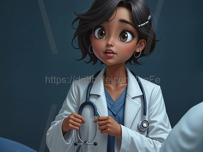 A female physician dressed in a white coat, near a patient 3d artwork colorful illustration patient physician synthographic