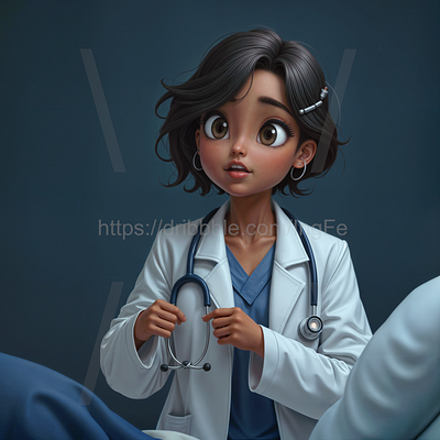 A female physician dressed in a white coat, near a patient 3d artwork colorful illustration patient physician synthographic