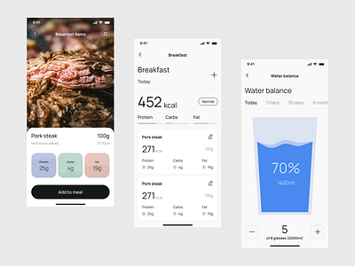 Nutritional App calorie calculator calories carbs design diet fat fitness food goals health hydration intake meals mobile monitoring nutrition protein tracking ui ux