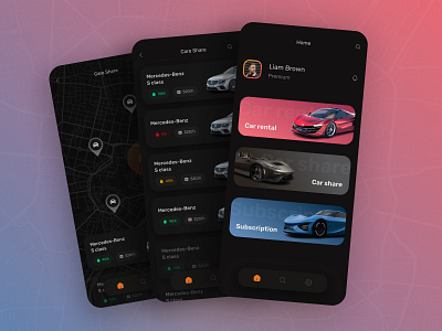 Mobile App Design Car Sharing Dark auto branding car car sharing clean design design figma interface map modern design mvp taxi toofan trip ui ui design ux ux design vehicle web design