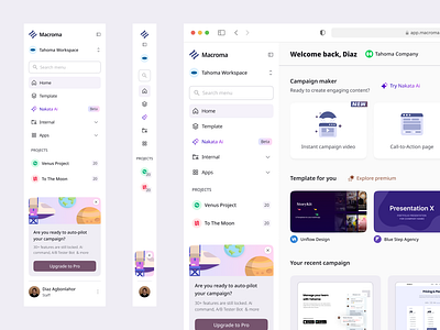 Macroma: Your Go-To for Content Marketing Management advanced dashboard artificial intelligence call to action clean dashboard clean design content marketing cool design dark mode dashboard dashboard design light mode login page logo maker minimalist design promotion card sidebar ui design