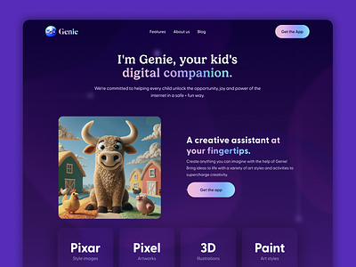 Genie Website ai colorful features page fun futuristic gradient kids landing page mobile app purple ui web design website