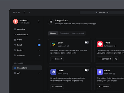 Integrations page Dark Mode - SquareUi dashboard design system figma integrations product design ui ux web design