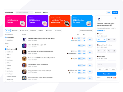 Bet on anything - Premarket ui