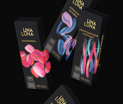 UNA LUNA. Liqueur chocolate collection. Packaging design alcoholic packaging branding chocolate packaging graphic design logo package packaging design sweet