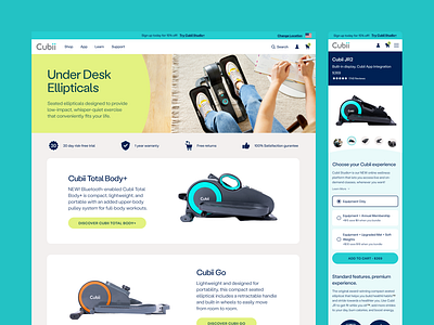 Cubii PLP branding commerce design elderly elliptical exercise fitness graphic design health inclusive nutrition playful product shop teal ui ux web wellness workout