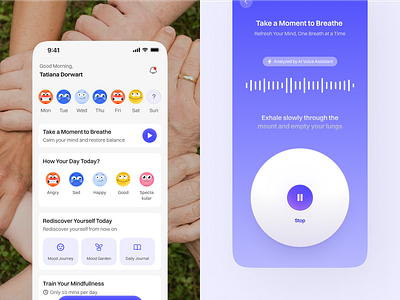 Mindfulme - AI Mental Health App ai ai mental health breathe training clean design health assessment healthcare journal mental health mindfulness minimalist mobile mobile app mood mood tracker product design stress theraphy ui voice assistant