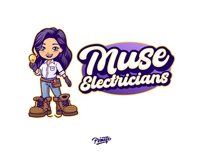 Muse Electricians air conditioning brand child cute electrician heating home service hvac illustration kid light bulb logo mascot plumbing tools ventilation woman