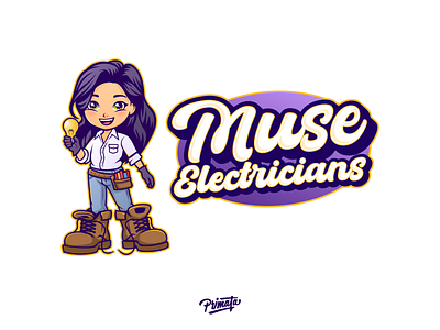 Muse Electricians brand child cute electrician illustration kid light bulb logo mascot tools woman