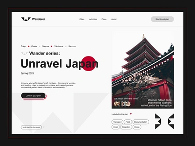 Wanderer: travel agency with exclusive plan landing page hero agency app branding design hero illustration japan landing page logo travel ui ui design ui ux web design