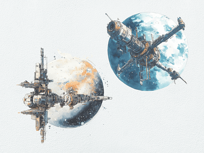 Spacecraft Mother Station and Planet Watercolor Illustration clipart clipart bundle clipart set cute design digital art illustration planet space spacecraft station watercolor